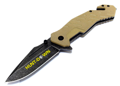 8" Hunt-Down Brown Folding Spring Assisted Knife with Belt Clip