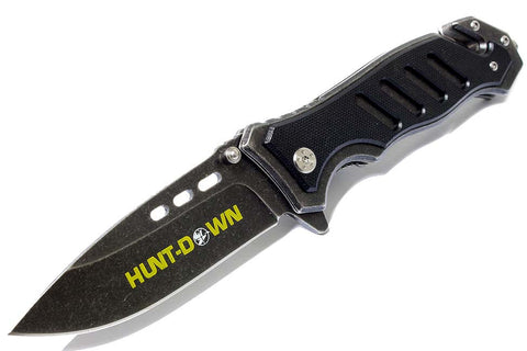 8.5" Hunt-Down Spring Assisted Stone Wash Sharp Knife Wth Belt Clip &Belt Cutter