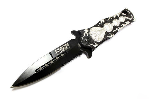 8" Defender Extreme Spring Assisted Cobra Skull Design Knife with Serrated Stainless Steel Blade - Silver