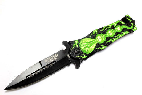 8" Defender Extreme Spring Assisted Cobra Skull Design Knife with Serrated Stainless Steel Blade - Green