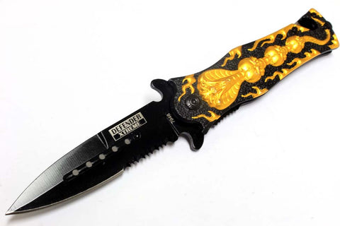 8" Defender Extreme Spring Assisted Cobra Skull Design Knife with Serrated Stainless Steel Blade - Gold
