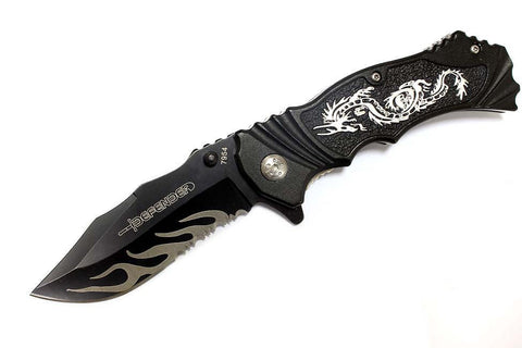 8" Defender Spring Assisted Knife with Serrated Stainless Steel Blade - Black