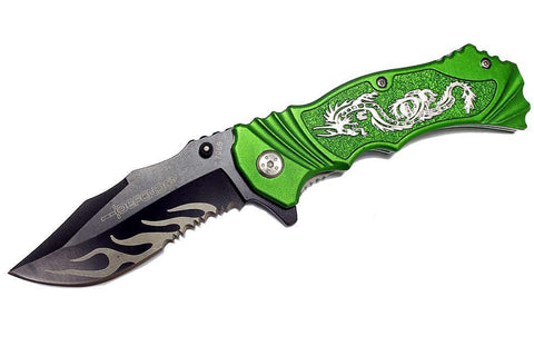 8" Defender Spring Assisted Knife with Serrated Stainless Steel Blade - Green
