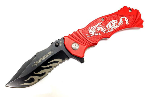 8" Defender Spring Assisted Knife with Serrated Stainless Steel Blade - Red