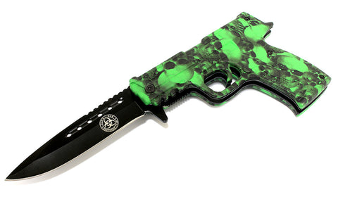 High Quality 8.5" Spring Assisted Folding Zombie Gun Knife Green Skull Handle