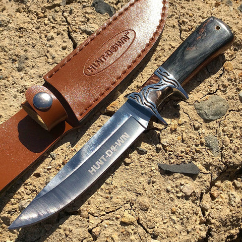 10.5" Hunt-Down Sporting Tactical Sharp Knife with Leather Sheath
