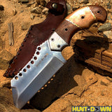 9" Huntdown Full Tang Hunting Knife with Brown Wood Handle and Leather Sheath