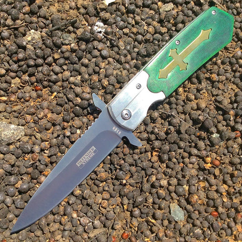 9.5" Defender-Xtreme Tactical Spring Assisted Folding Knife Green Cross Handle