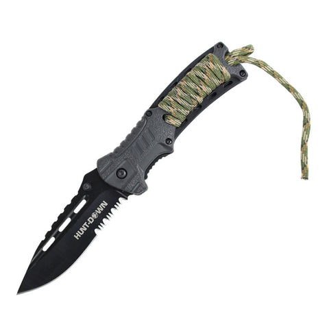 Hunt-Down 8.5" Black Spring Assisted Hunting Knife with Fire Starter & Whistle