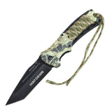 Hunt-Down 8.5" Woodland Camo Spring Assisted Knife with Fire Starter & Whistle