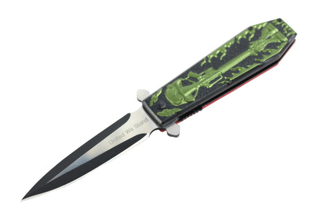 9.5" Hunt Down Coffin Handle with USA/Green M16 Design Spring Assisted Knife