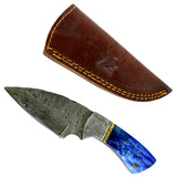 TheBoneEdge 7" Damascus Fixed Blade Full Tang  Blue Bone Handle Steel Knife