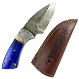 TheBoneEdge 7" Damascus Fixed Blade Full Tang  Blue Bone Handle Steel Knife