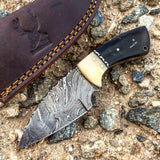 TheBoneEdge 7" Damascus Fixed Blade Full Tang  Black Horn & Bone Handle Knife