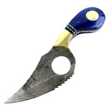 TheBoneEdge 7.5" Damascus Blade Hunting Tactical Knife Blue Handle Leather Sheath