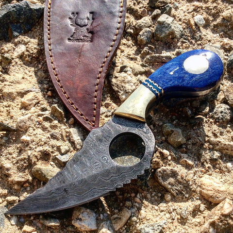TheBoneEdge 7.5" Damascus Blade Hunting Tactical Knife Blue Handle Leather Sheath