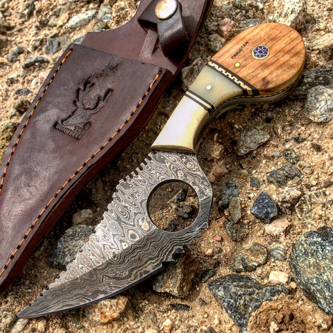 TheBoneEdge  7.25" Damascus Steel  FullTang  Wood & Bone Handle Hunting Knife