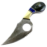 TheBoneEdge 7.5" Damascus Blade Hunting Knife Black & Blue Handle Leather Sheath