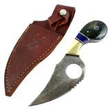 TheBoneEdge 7.5" Damascus Blade Hunting Knife Black & Blue Handle Leather Sheath