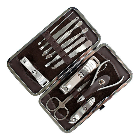 Bdeals Stainless Steel Manicure Pedicure Cuticle Set and Nail Tool 11pc Kit Brown Pouch