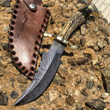 TheBoneEdge Damascus Blade Hunting Sharp Knife Burnt Wood Handle Leather Sheath