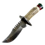 TheBoneEdge Damascus Blade Hunting Sharp Knife Real Stag Handle Leather Sheath