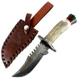 TheBoneEdge Damascus Blade Hunting Sharp Knife Real Stag Handle Leather Sheath