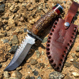 TheBoneEdge Damascus Blade Hunting Sharp Knife Real Stag Handle Leather Sheath