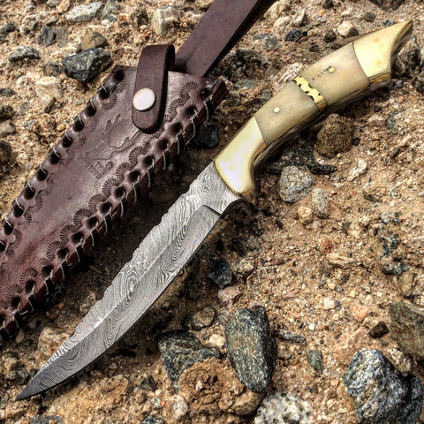 TheBoneEdge 10.5" Bone Handle Damascus Blade Hunting Knife Hand Made