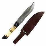 TheBoneEdge 13" Damascus Steel Fixed Blade Bone & Horn Handle Hunting Knife