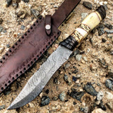 TheBoneEdge 13" Damascus Steel Fixed Blade Bone & Horn Handle Hunting Knife