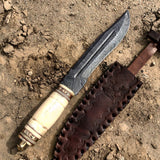 TheBoneEdge 13" Damascus Fixed Blade Handmade Steel Hunting Knife Bone Handle