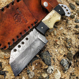 Hunt-Down 8.5" Full Tang Damascus Blade Horn Handle Hunting Knife With Sheath