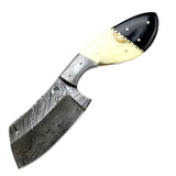 Hunt-Down 9" Damascus Blade Horn Handle Hunting Knife With Leather Sheath