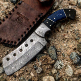 Hunt-Down 9.5" Damascus Blade Black & Blue Horn Handle Hunting Knife With Sheath