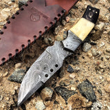 Hunt-Down 9.5" Damascus Blade Horn Handle Hunting Knife With Leather Sheath