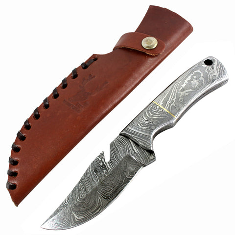 TheBoneEdge 7" Silver Fish Hook Damascus Blade Hunting Survival Tactical Knife