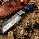 Hunt-Down 9" Damascus Blade Horn Handle Hunting Knife With Leather Sheath