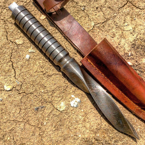 TheBoneEdge 10" Hand Forged Damascus Full Tang Kris Blade Hunting Knife Leather Sheath