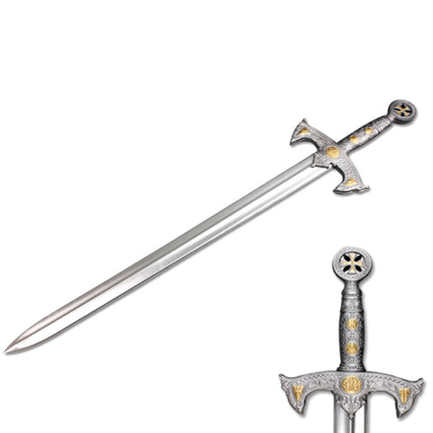 Defender Medieval Foam Sword 41" Gray & Brass with Metallic Chrome Finish Knights Templar