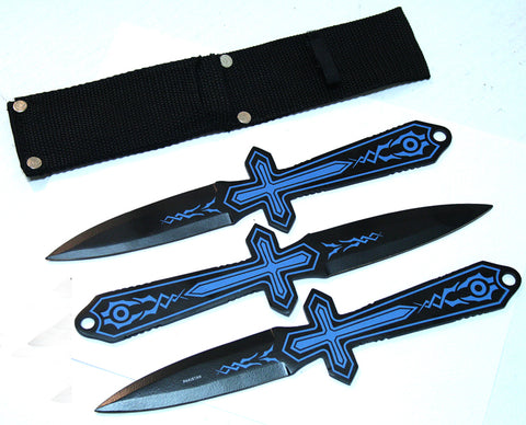 3 Pc. Set Of 10" Black & Blue Throwing Knives With Sheath