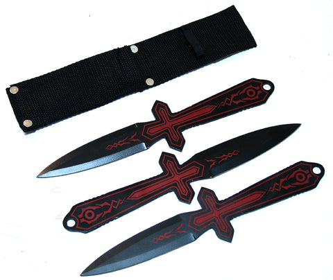 3 Pc. Set Of 10" Black & Red Throwing Knives With Sheath