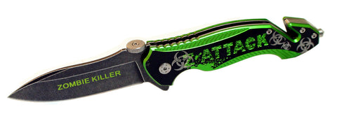 8" S/A Pocket Knife Zombie Killer Stone Wash Blade Metal Handle W/ Seat Belt Cutter