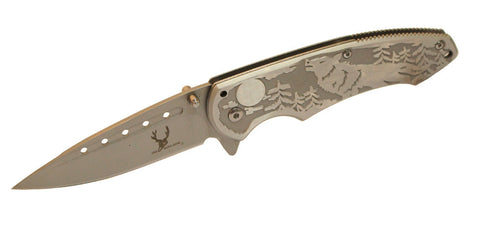 8" Silver S/A Howling Wolf Stainless Steel Blade Pocket Knife Metal Handle W/ Belt Clip