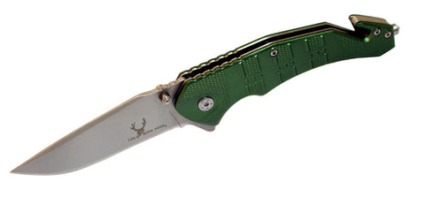 8" Green & Silver Stainless Steel Blade S/A Pocket Knife Metal Handle W/ Seat Belt Cutter