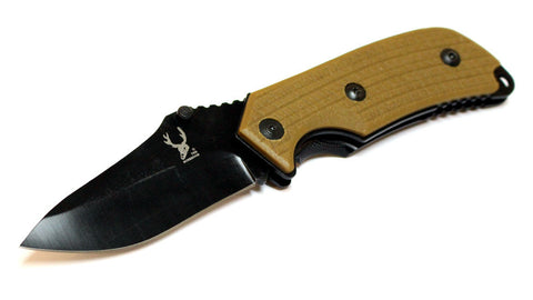 8.5" Brown & Black S/A Pocket Knife Black Stainless Steel Blade Metal Handle W/ Belt Clip