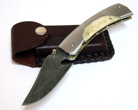 8" Damascus Steel Sharp Folding Knife Real Bone Handle Hand Made